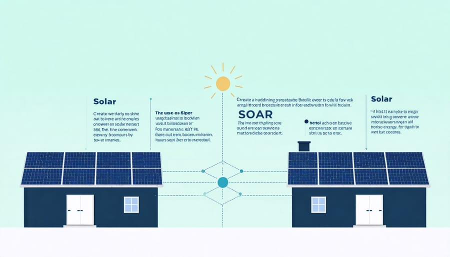 Illustrated diagram of homes trading solar energy through blockchain networks with financial benefits highlighted
