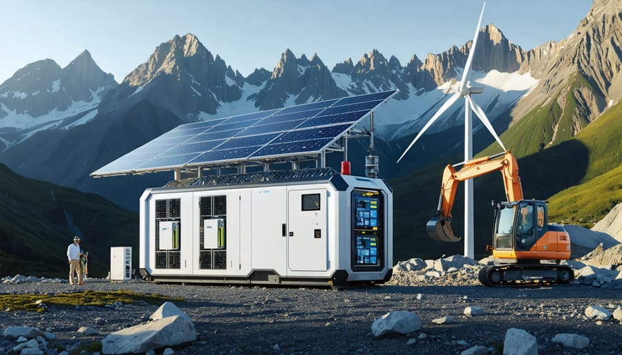 A modern mobile energy storage unit integrated with solar panels and wind turbines in a remote Alpine setting, highlighting its role in sustainable, off-grid energy independence for diverse applications like construction and emergency response.