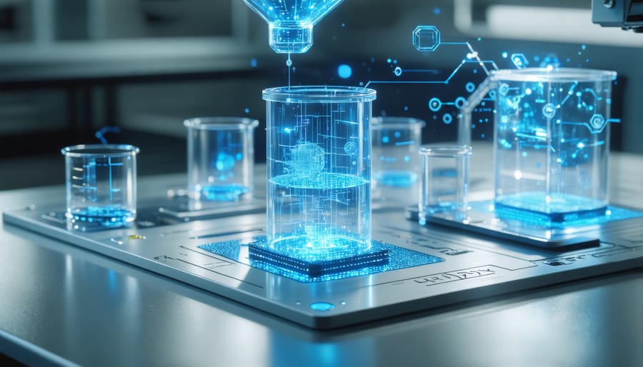 Scientists working with advanced equipment in a quantum battery research facility