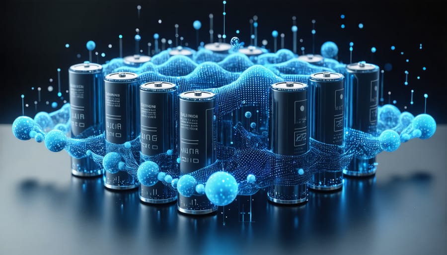 Artistic rendering of quantum entangled particles showing energy transfer in a battery system