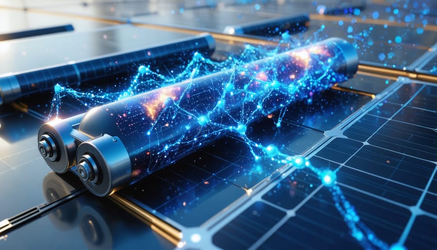 Illustration depicting quantum entangled particles facilitating energy transfer within a solar battery, set against the backdrop of modern solar panels.