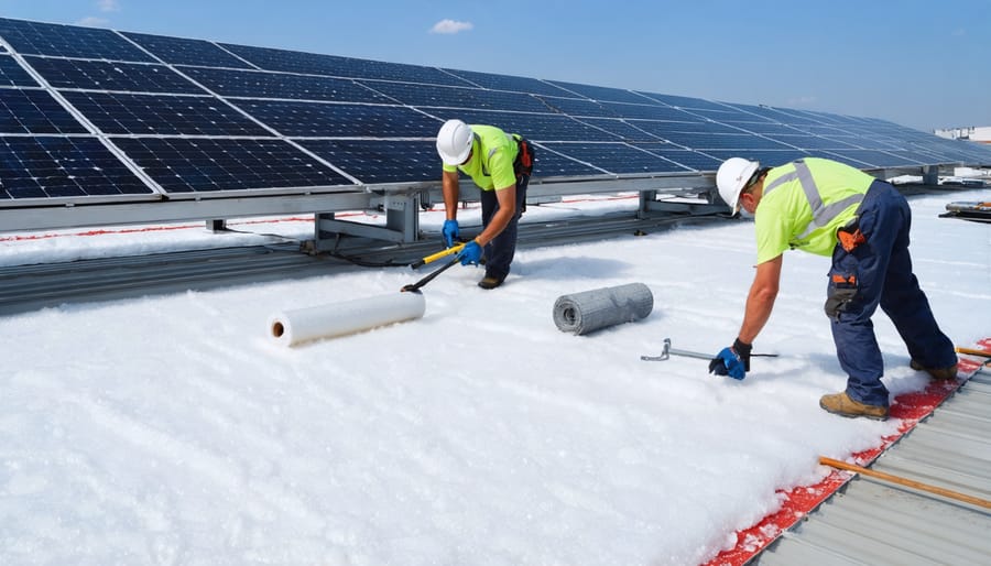 Professional technicians applying roll-on foam insulation to solar panels, demonstrating the process and tools used to enhance energy efficiency and thermal regulation.