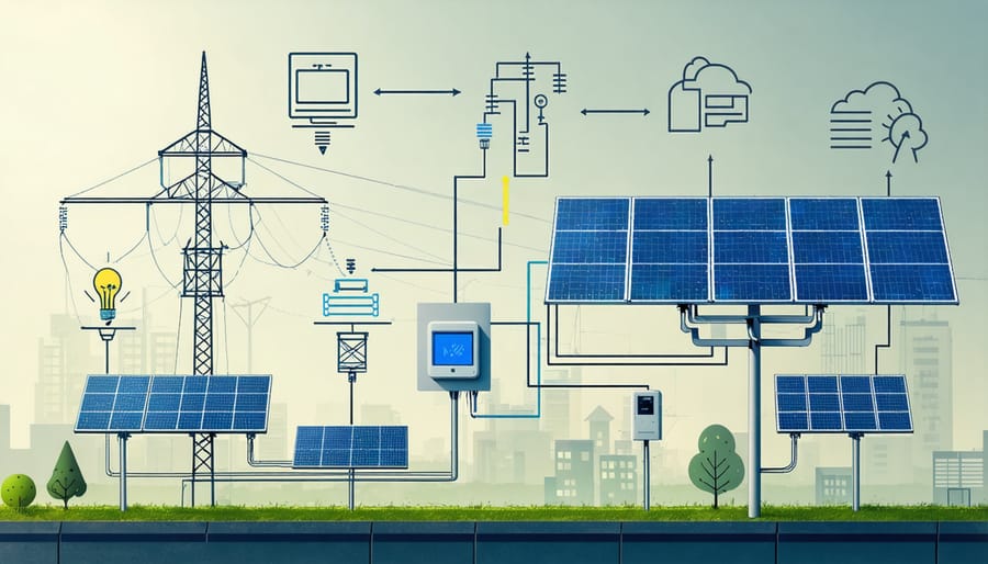 Visualization of smart grid components showing solar panels connected to smart meters and the power network