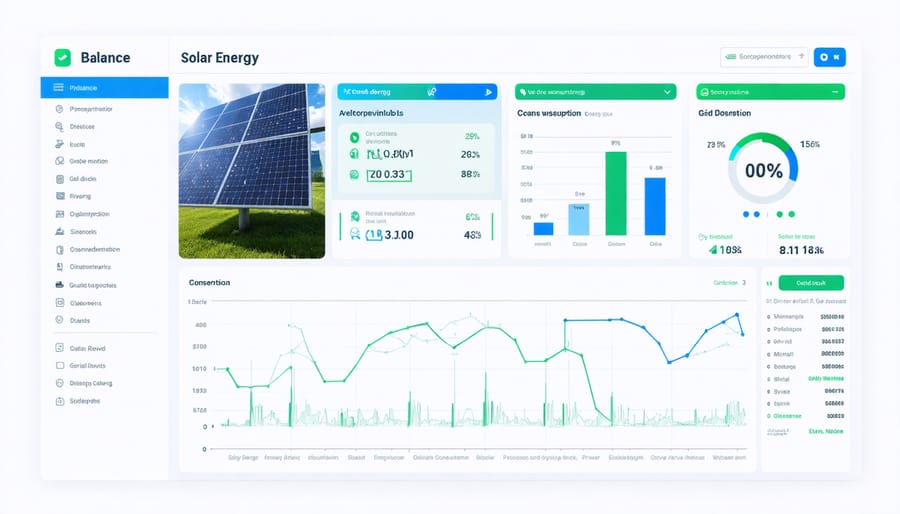 Smart grid control center dashboard showing real-time solar energy management data