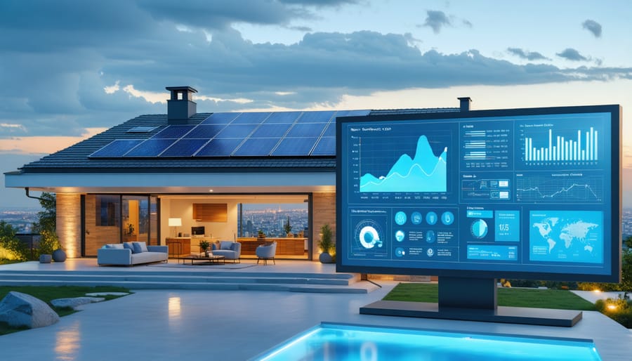 Conceptual image showing a smart home with solar panels, with a digital screen displaying real-time energy analytics and performance metrics, set against a backdrop of a European cityscape.