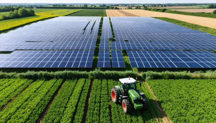 An aerial view of a one-acre solar farm with solar panels arranged in rows alongside strips of green agricultural land. The setup illustrates the dual-purpose use of generating clean energy while continuing farming activities.