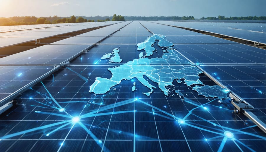 Conceptual illustration of a solar supply chain network showing elements of manufacturing, distribution, and logistics interconnected by digital pathways.