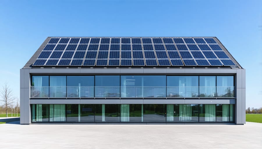 Contemporary building featuring innovative solar panel integration in its facade and roof