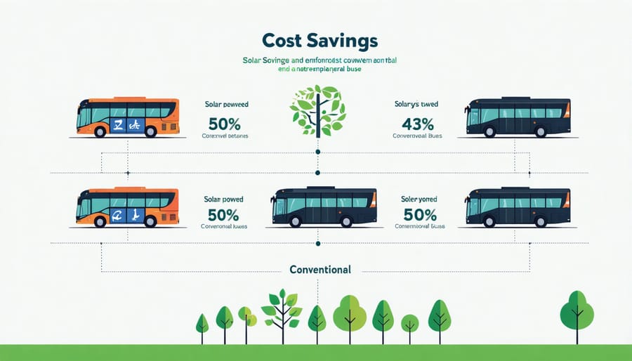 Infographic comparing operational costs and environmental benefits of solar versus traditional buses