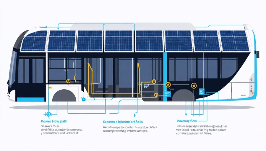 Detailed technical illustration of solar panel integration on an electric bus with labeled components
