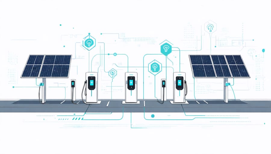 Urban solar charging station with multiple charging points and digital display showing real-time energy data