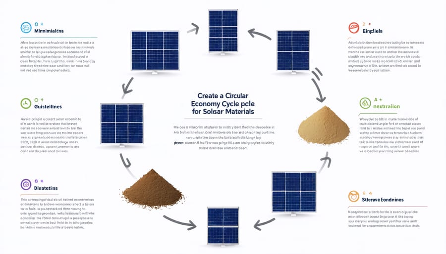 Circular diagram illustrating the lifecycle of solar panel materials from manufacturing through recycling and reuse