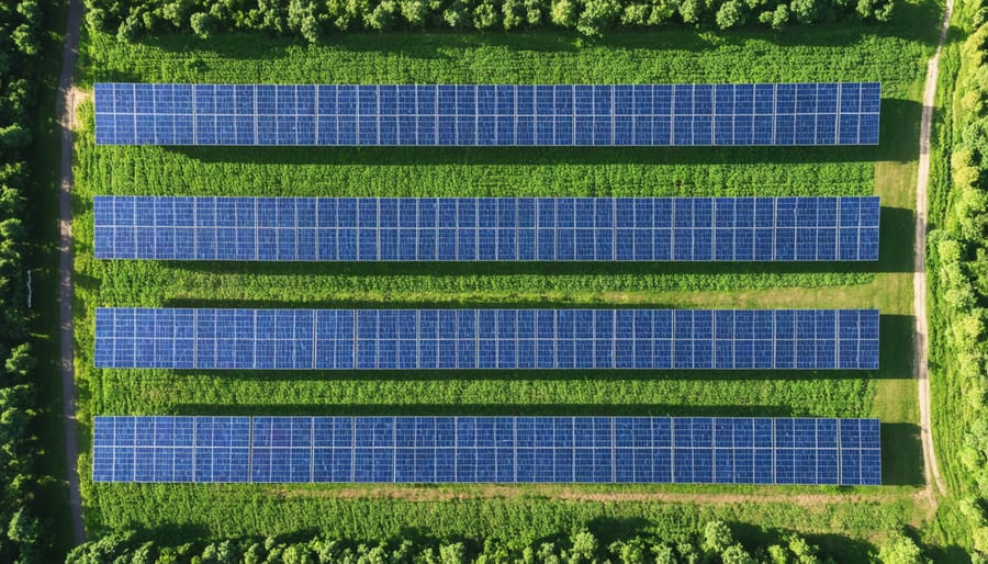Overhead drone shot of solar panels arranged in rows on a one-acre agricultural plot