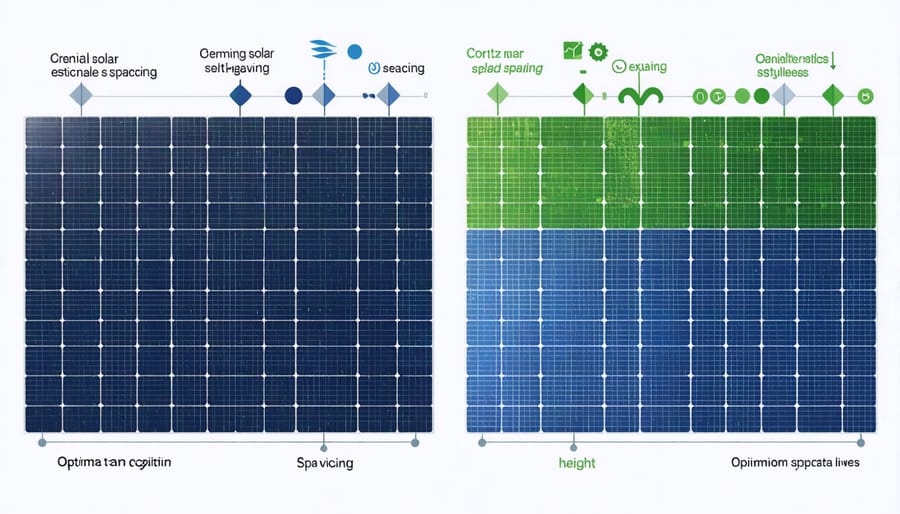 Technical diagram illustrating solar panel placement optimization for agricultural use