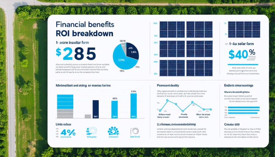 Chart displaying cost savings, income streams, and return on investment for solar farming