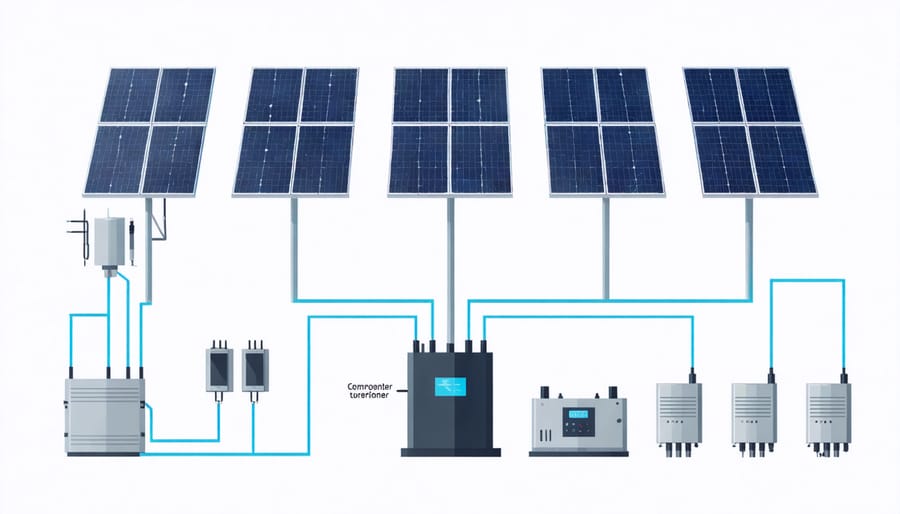 Technical diagram illustrating the interconnected components of a solar-powered FM communication system