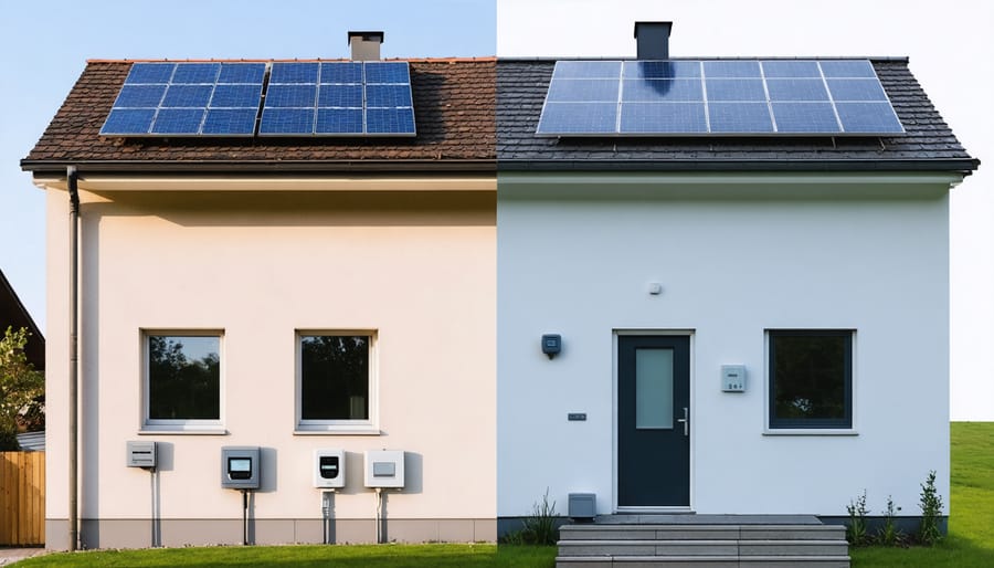 Comparison of traditional home energy usage versus solar-powered home with smart integration