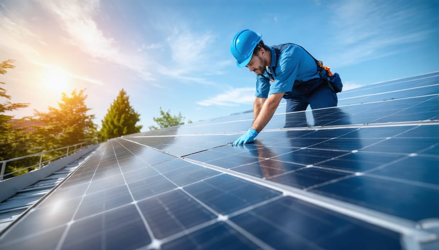 Professional inspector examining residential solar panels for insurance assessment