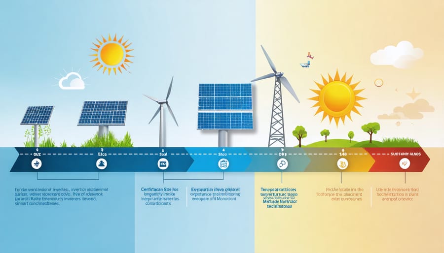 Conceptual image illustrating the lifecycle of a solar inverter, showing key factors like temperature, maintenance, and technological advances that affect inverter longevity, along with symbols of European certification standards.