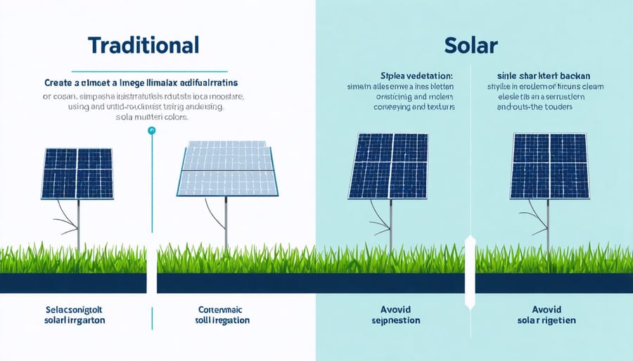 Bar chart comparing initial costs, operating expenses, and long-term savings of solar vs traditional irrigation