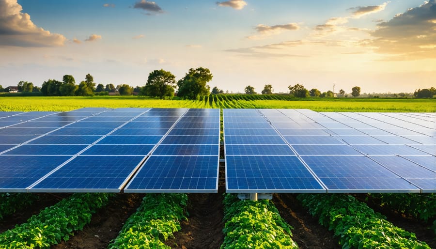 Solar panel installation crew setting up panels next to irrigation system in a European farm field