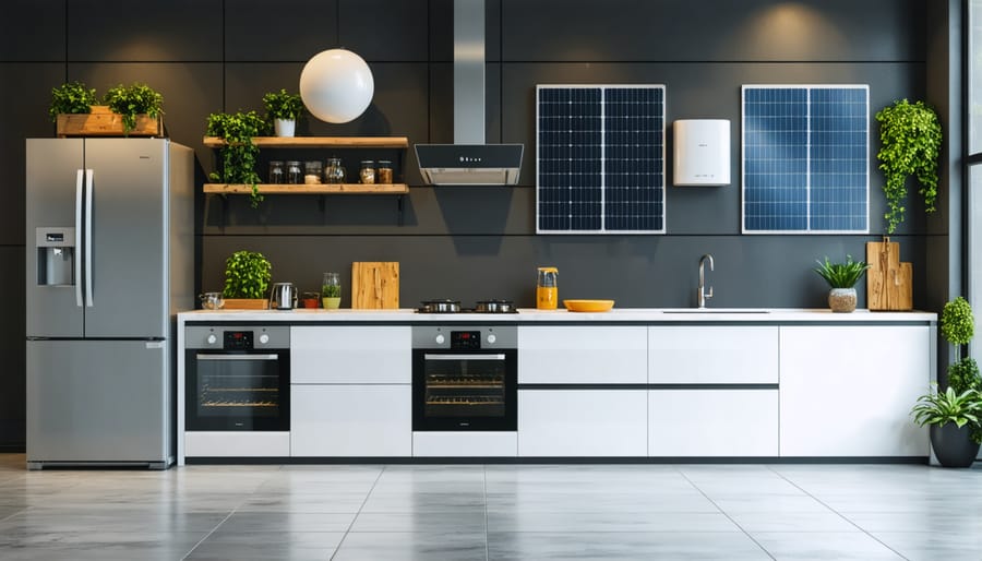 Solar-powered kitchen appliances in a contemporary European home setting