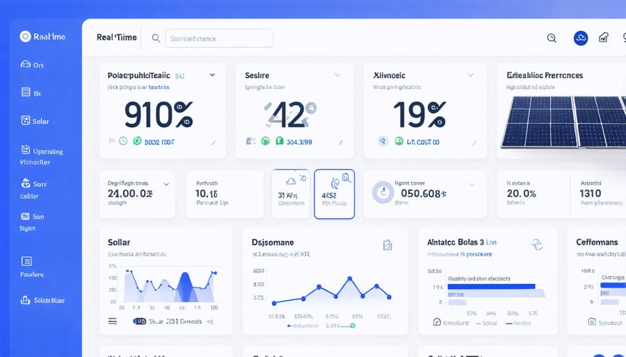 Solar monitoring dashboard displaying energy production, consumption, and system health metrics