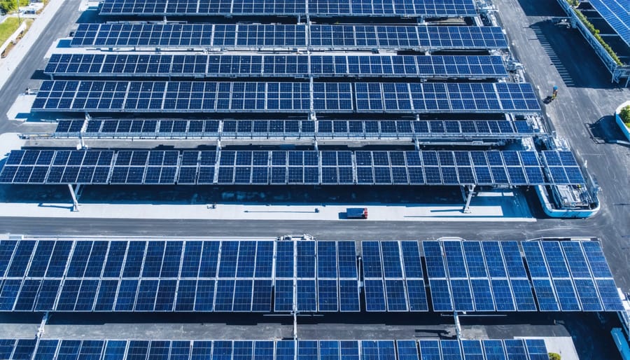 Solar panel manufacturing facility with automated production lines and workers