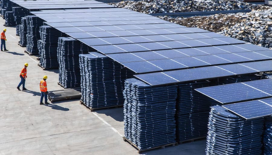 Industrial facility with sorted piles of end-of-life solar panels awaiting recycling