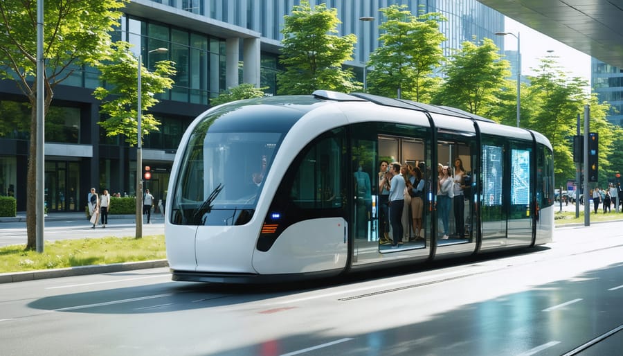 A modern solar-powered bus with rooftop solar panels at a bustling European city bus stop, with passengers boarding and contemporary architecture in the background.