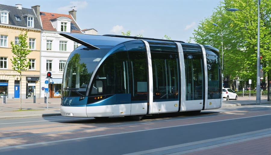 Modern electric bus with solar panels on its roof driving through a city street