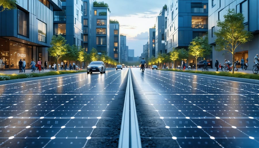 "Futuristic European urban scene with roads featuring integrated solar panels, generating renewable energy for modern buildings, while electric vehicles and commuters on bicycles pass by."