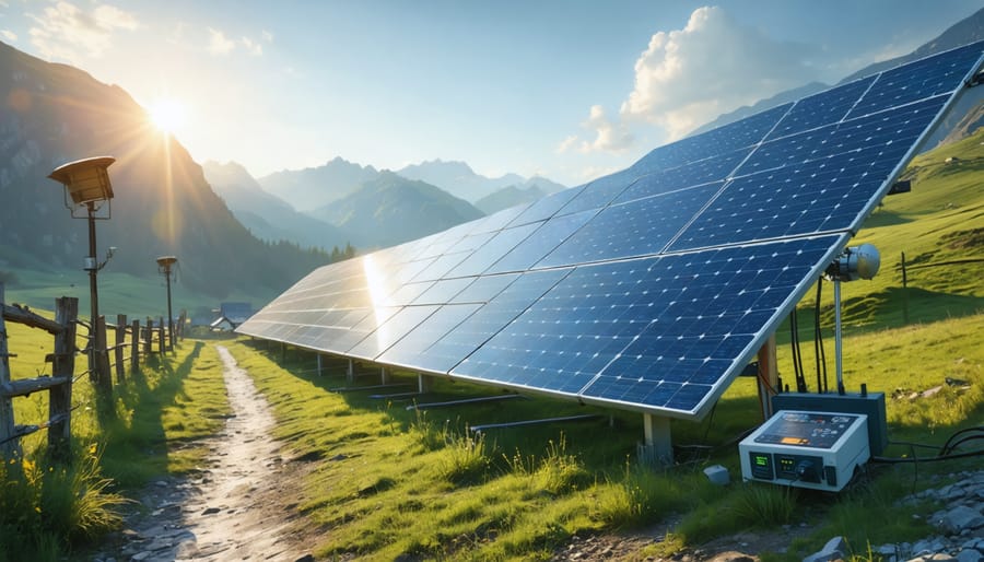 A scenic depiction of solar panels integrated with FM communication equipment in a remote European village, symbolizing sustainable connectivity through solar-powered FM systems.