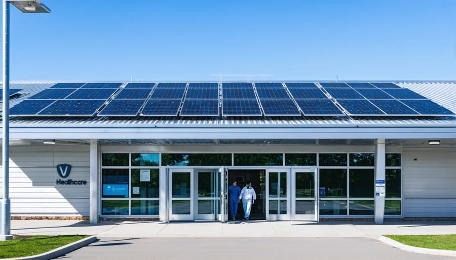 Modern healthcare facility with solar panels integrated on the roof, illustrating the blend of sustainable energy and medical infrastructure.