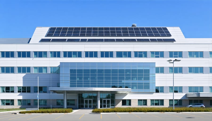 Hospital facility with integrated solar panels showing sustainable healthcare infrastructure