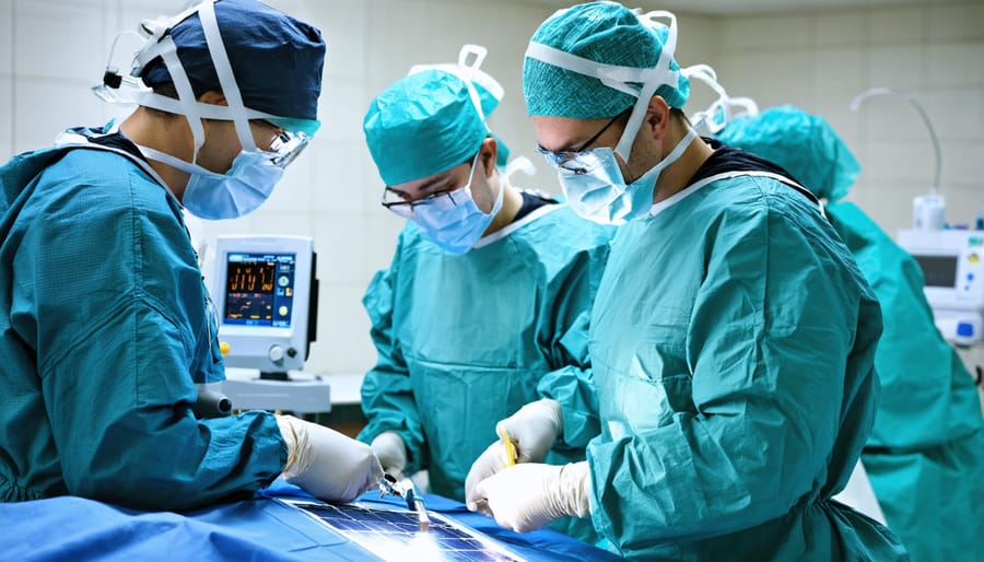 Healthcare professionals in operating room with solar-powered medical equipment