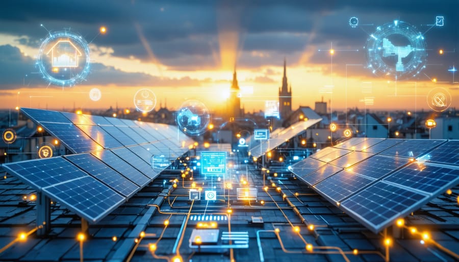 European cityscape with solar paneled rooftops at dawn, displaying smart meters and digital interfaces symbolizing energy flow within a smart grid system.
