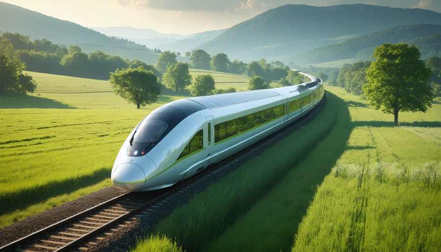 A futuristic solar-powered train traveling through a scenic European landscape, with solar panels visibly integrated onto the train's roof and alongside the railway tracks, symbolizing sustainable rail transport innovation.