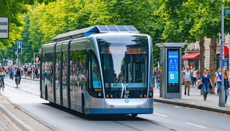 A city street scene featuring a modern solar-powered bus with photovoltaic panels on its roof, surrounded by urban elements including smart digital displays and cyclists, representing sustainable urban mobility in Europe.