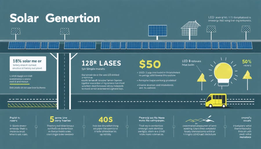 Visual representation of solar road benefits and smart features with statistical data