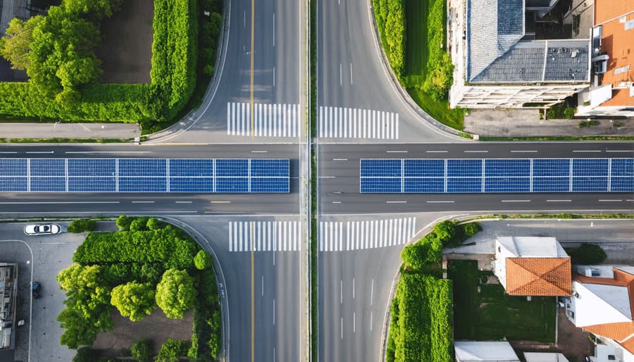 Bird's eye view of a functioning solar panel road installation in an urban setting