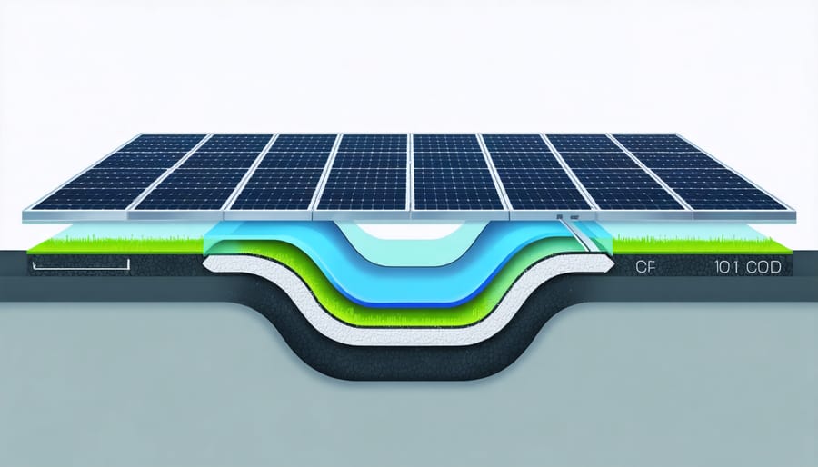 Technical diagram illustrating the various layers and components of a solar road panel
