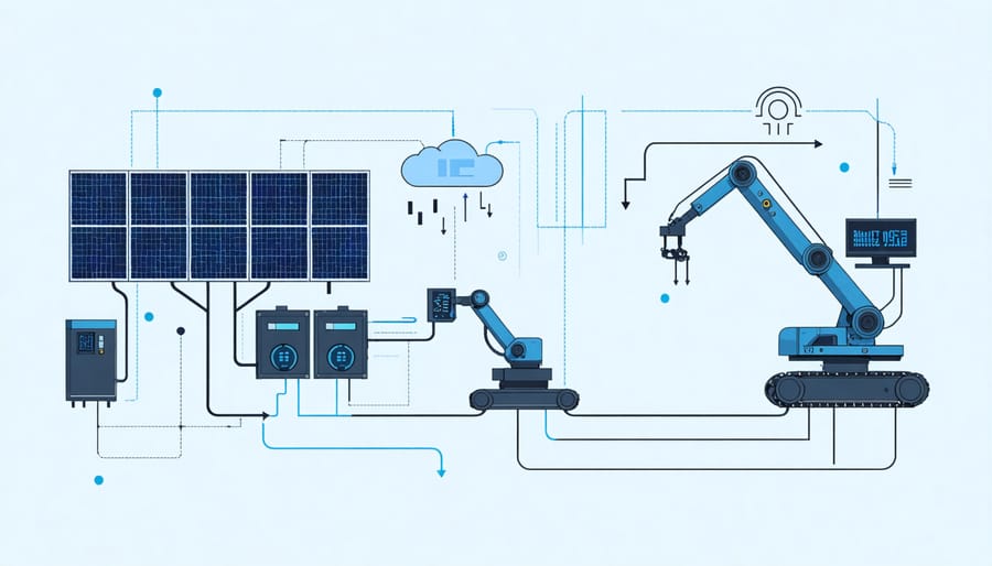 Schematic illustration of solar-powered robot components including panels, batteries, and control systems