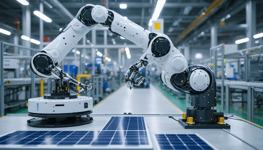 Industrial robot with attached solar panels operating on a manufacturing production line