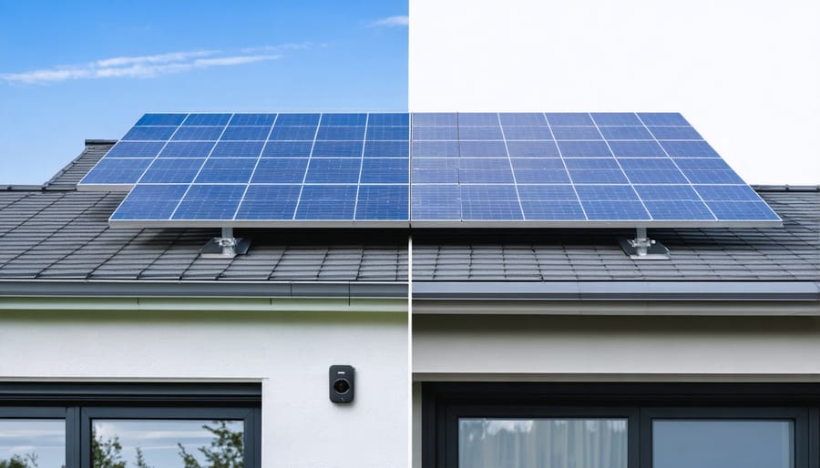 Split-screen image showing a rooftop solar panel installation alongside integrated security features like cameras and sensors, representing the fusion of solar technology with surveillance systems.
