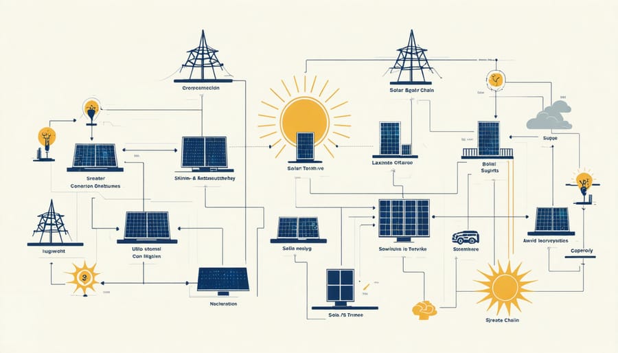 Visual diagram of solar supply chain components including raw materials, manufacturing, distribution, and installation