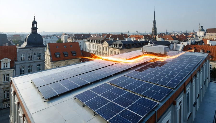 European cityscape featuring buildings with modern solar panels on rooftops and visual representations of solar thermal energy flow, highlighting the integration of sustainable technology in both residential and industrial sectors.