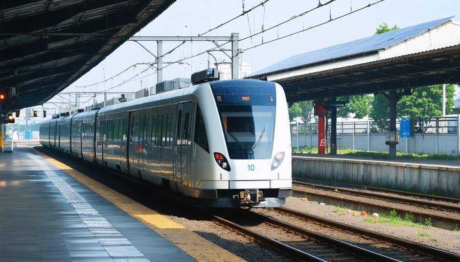 Electric train with solar panels visible on station roof and surrounding infrastructure