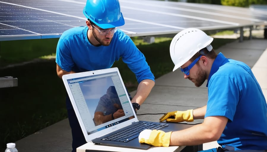 Professional solar installer demonstrating installation techniques to apprentices