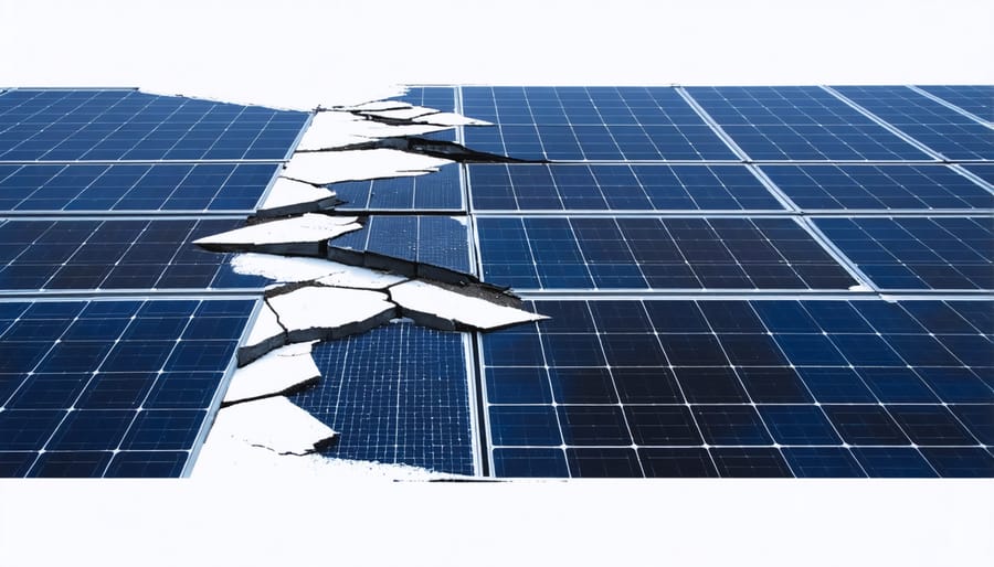 Weather-damaged solar panels next to insurance claim paperwork